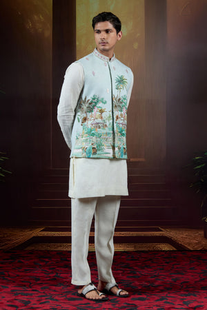 Verdant Royale  Handpainted Linen Bundi Set with Embellishments