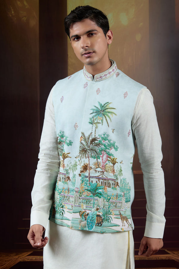 Verdant Royale  Handpainted Linen Bundi Set with Embellishments