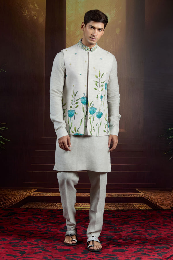Pearl Whisper Linen Bundi Set with Sequins & Thread Embellishment