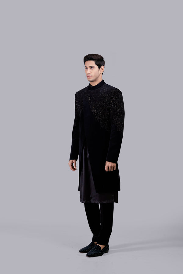 BLACK SATIN SILK PEARL WORK INDO WESTERN