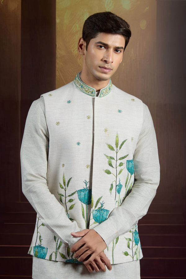 Pearl Whisper Linen Bundi Set with Sequins & Thread Embellishment