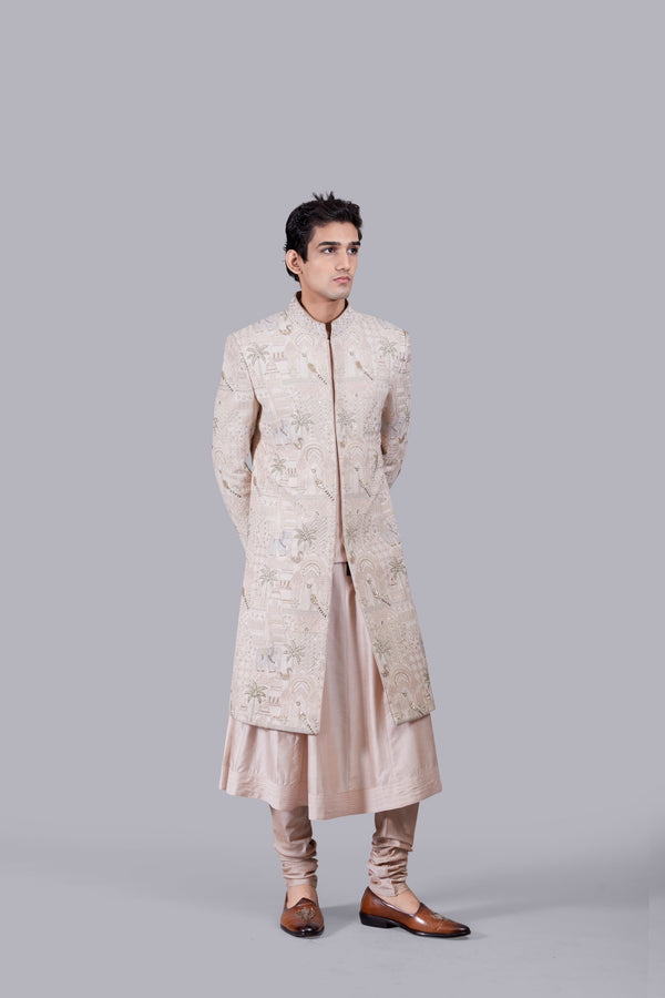 POWDER PINK PURE GEORGETTE THREAD WORK SHERWANI