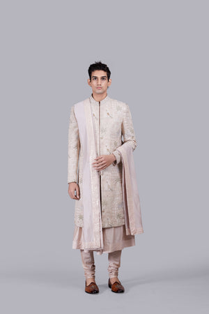 POWDER PINK PURE GEORGETTE THREAD WORK SHERWANI