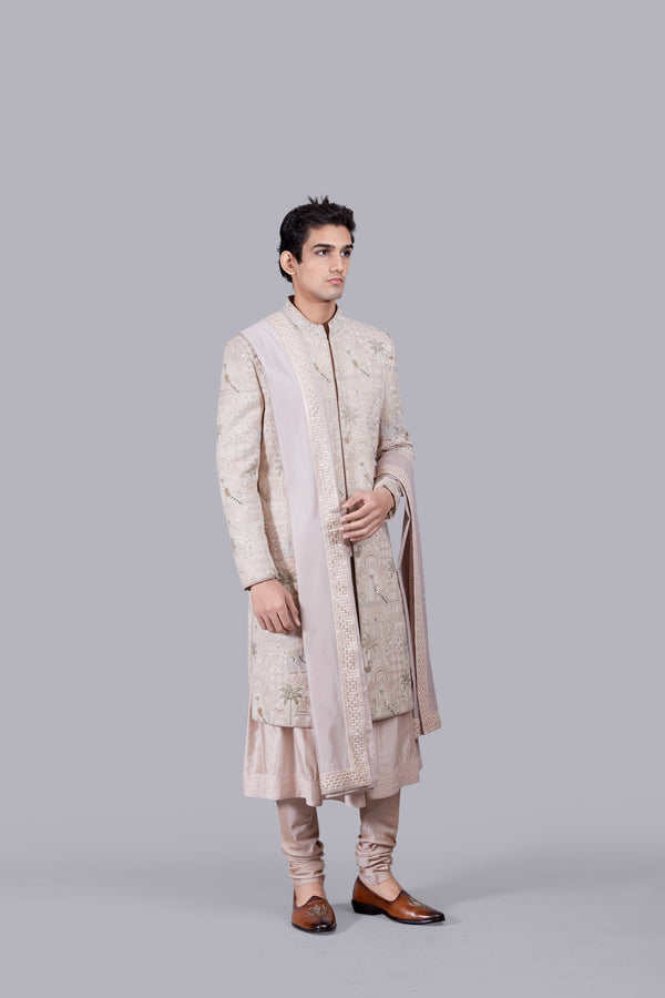 POWDER PINK PURE GEORGETTE THREAD WORK SHERWANI