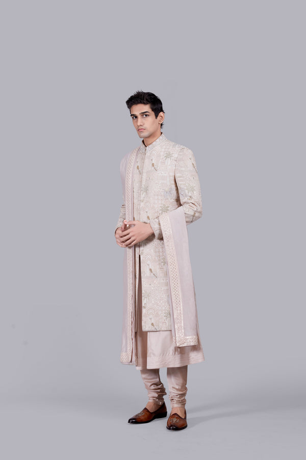 POWDER PINK PURE GEORGETTE THREAD WORK SHERWANI