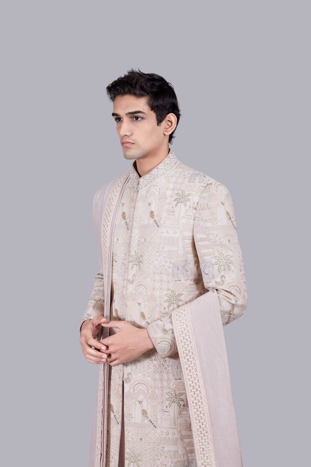 POWDER PINK PURE GEORGETTE THREAD WORK SHERWANI