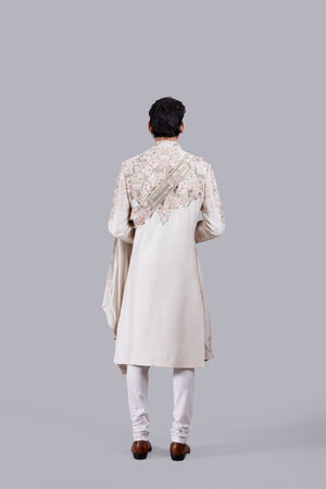 BEIGE RAW SILK PEARL WORK SHERWANI
