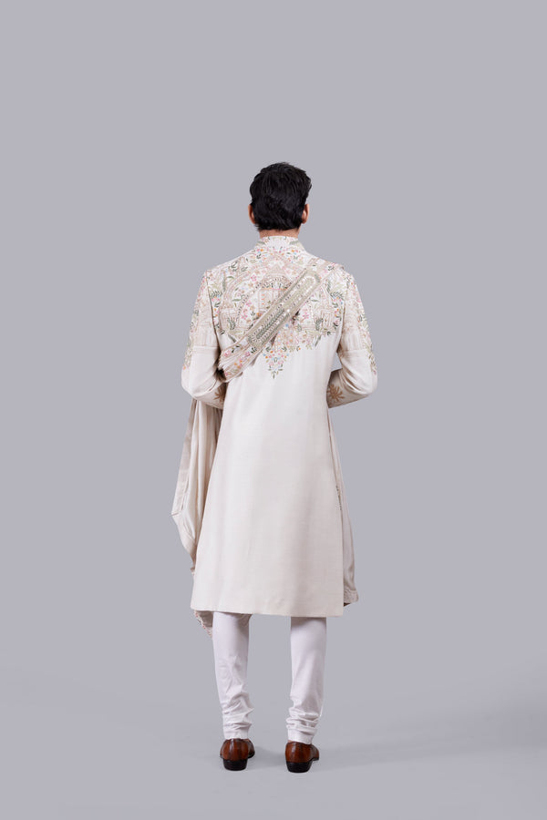 BEIGE RAW SILK PEARL WORK SHERWANI