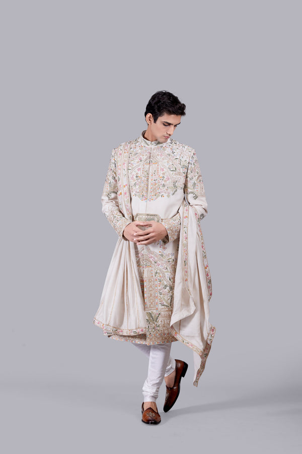 BEIGE RAW SILK PEARL WORK SHERWANI