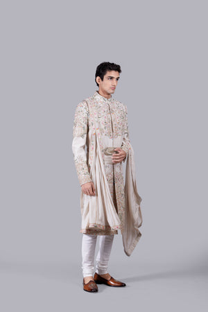 BEIGE RAW SILK PEARL WORK SHERWANI