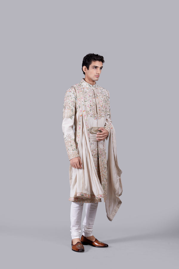 BEIGE RAW SILK PEARL WORK SHERWANI