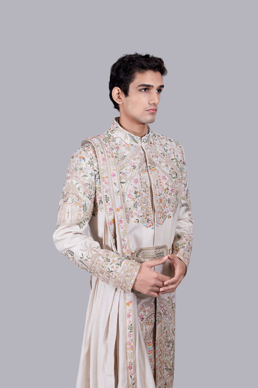 BEIGE RAW SILK PEARL WORK SHERWANI