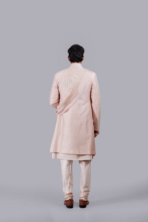PEACH RAW SILK THREAD WORK SHERWANI