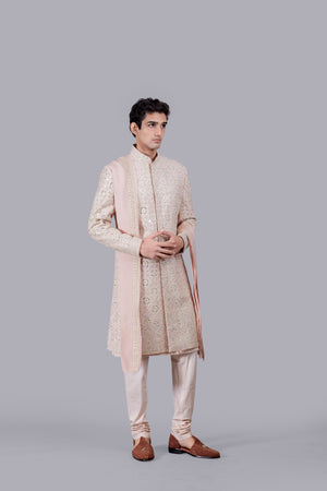 PEACH RAW SILK THREAD WORK SHERWANI