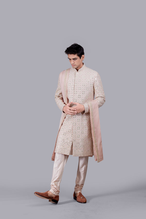 PEACH RAW SILK THREAD WORK SHERWANI