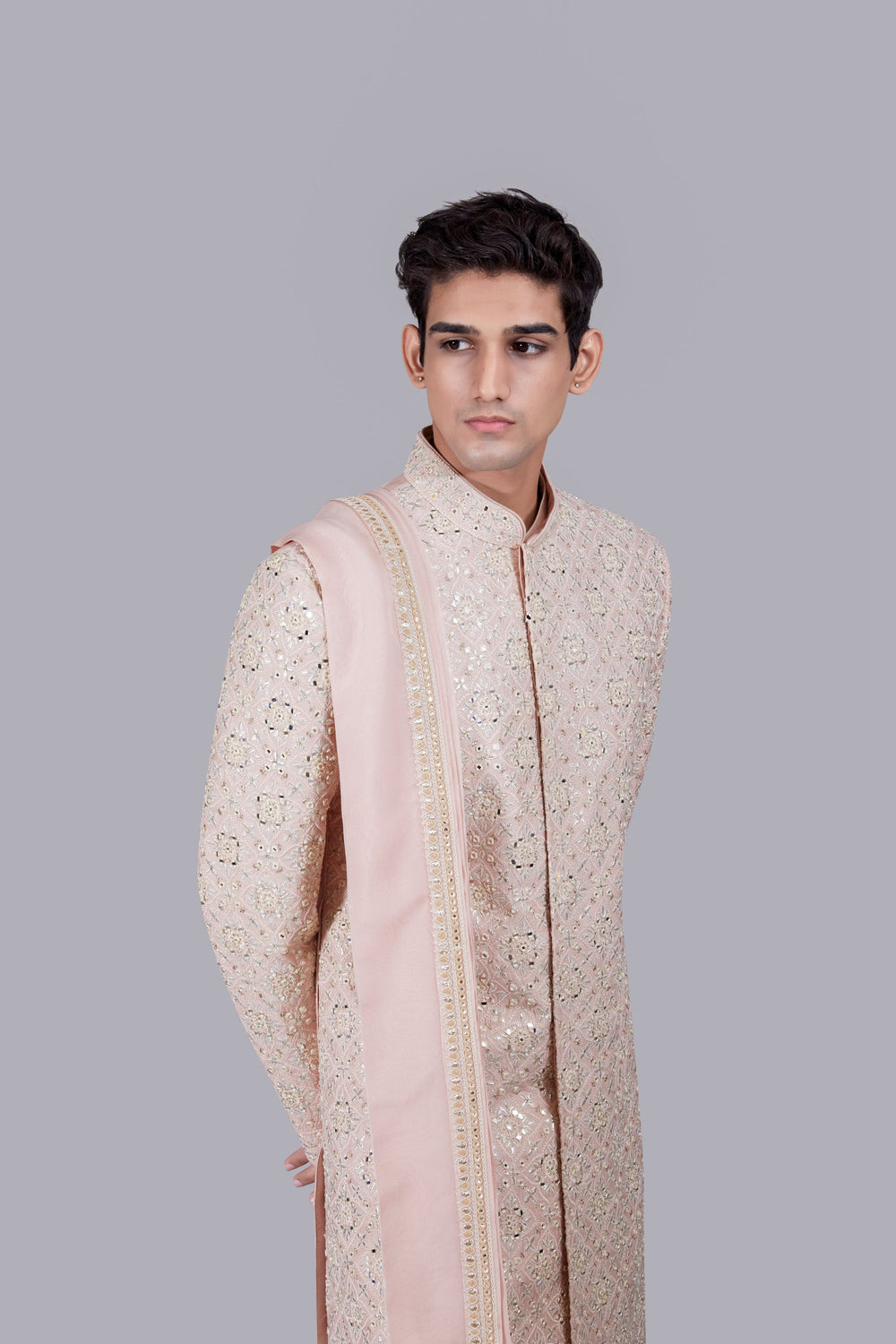 PEACH RAW SILK THREAD WORK SHERWANI