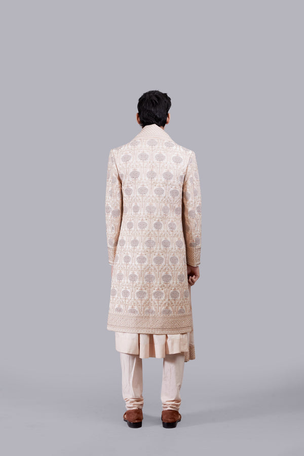LIGHT PEACH CHANDERI SILK THREAD WORK SHERWANI