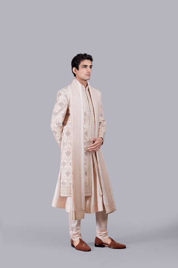 LIGHT PEACH CHANDERI SILK THREAD WORK SHERWANI
