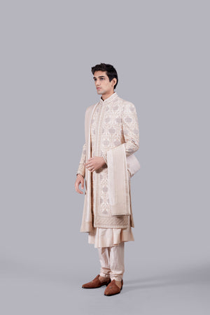 LIGHT PEACH CHANDERI SILK THREAD WORK SHERWANI