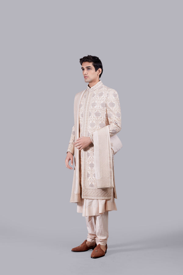 LIGHT PEACH CHANDERI SILK THREAD WORK SHERWANI