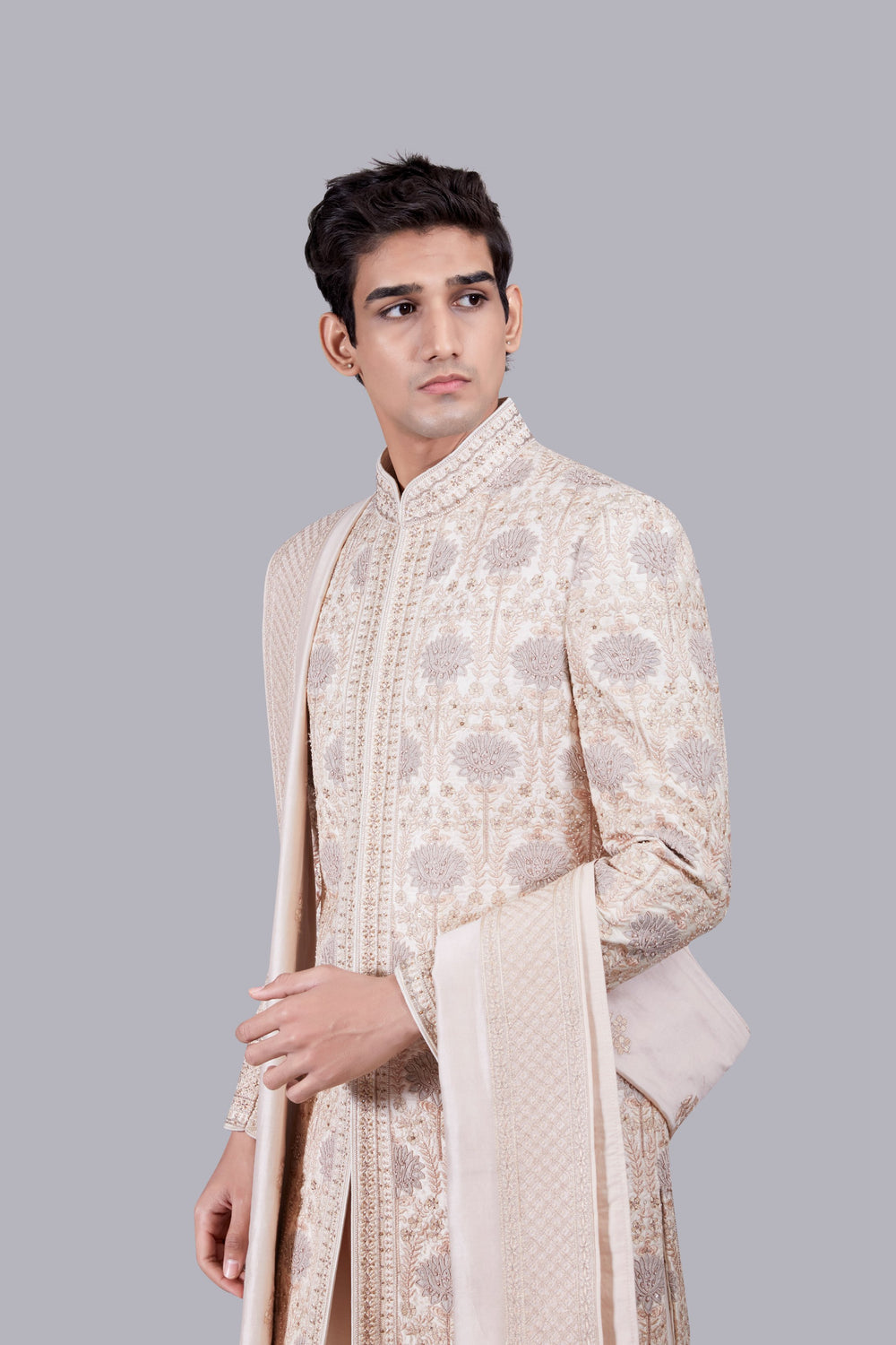 LIGHT PEACH CHANDERI SILK THREAD WORK SHERWANI