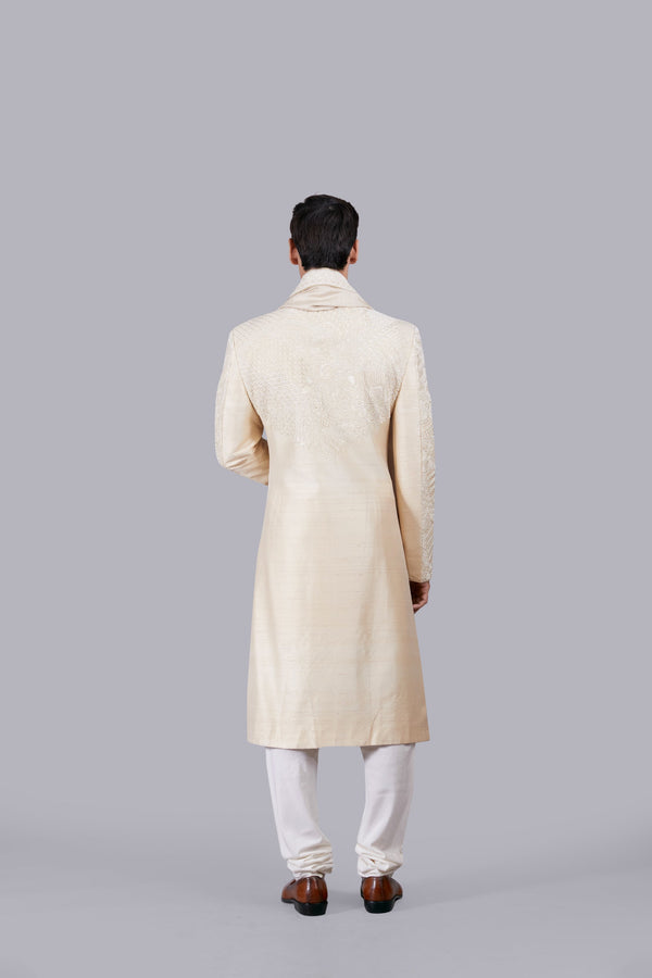 BEIGE RAW SILK THREAD WORK SHERWANI