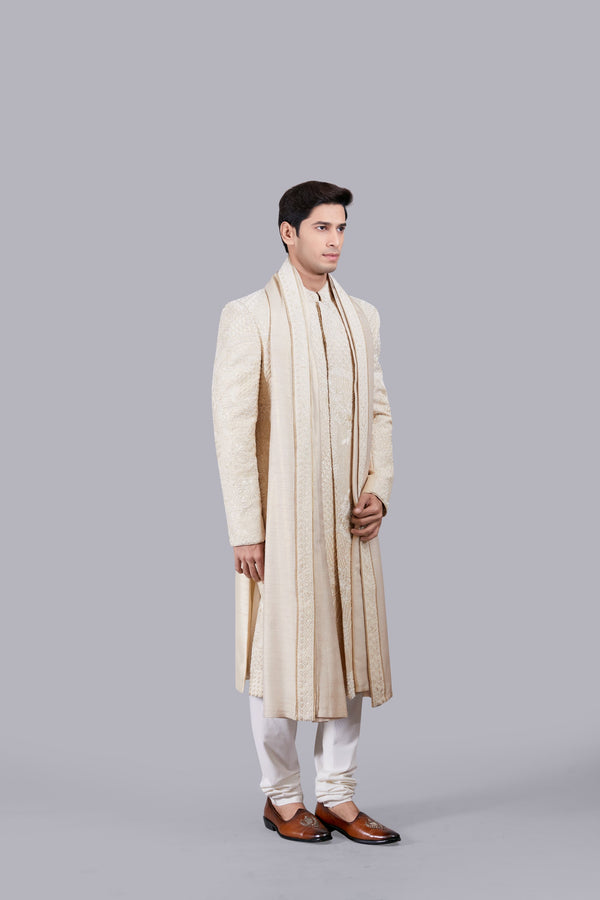 BEIGE RAW SILK THREAD WORK SHERWANI