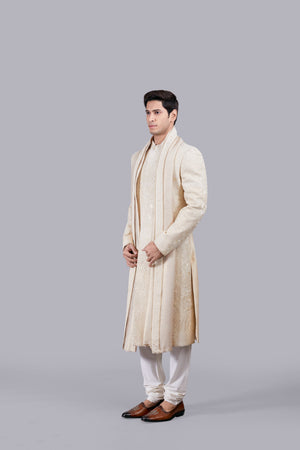 BEIGE RAW SILK THREAD WORK SHERWANI