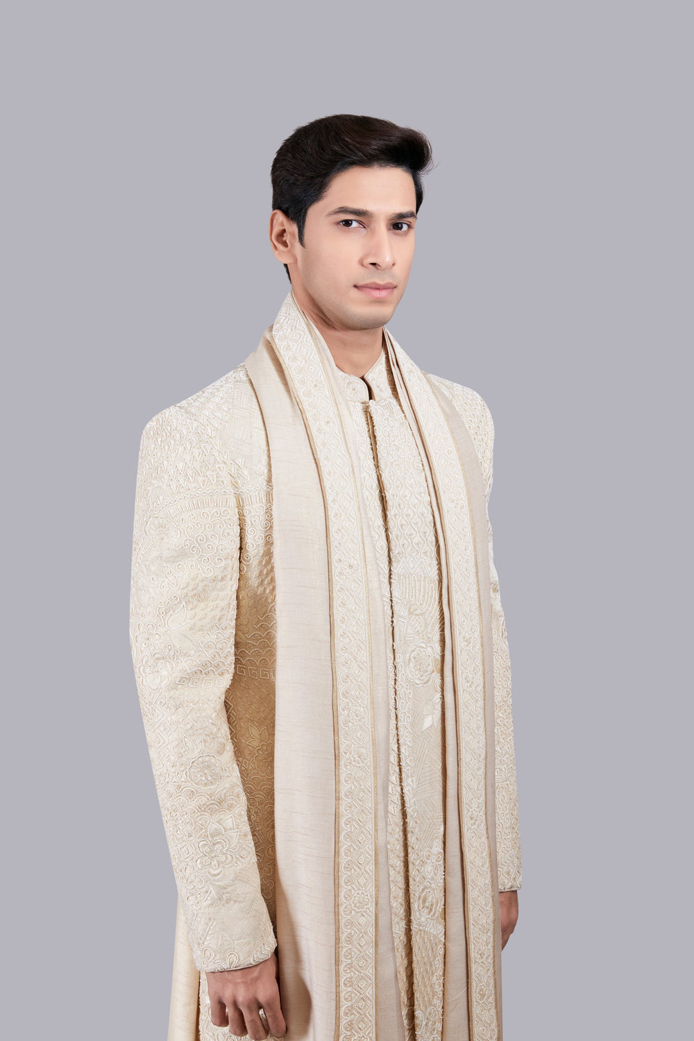 BEIGE RAW SILK THREAD WORK SHERWANI