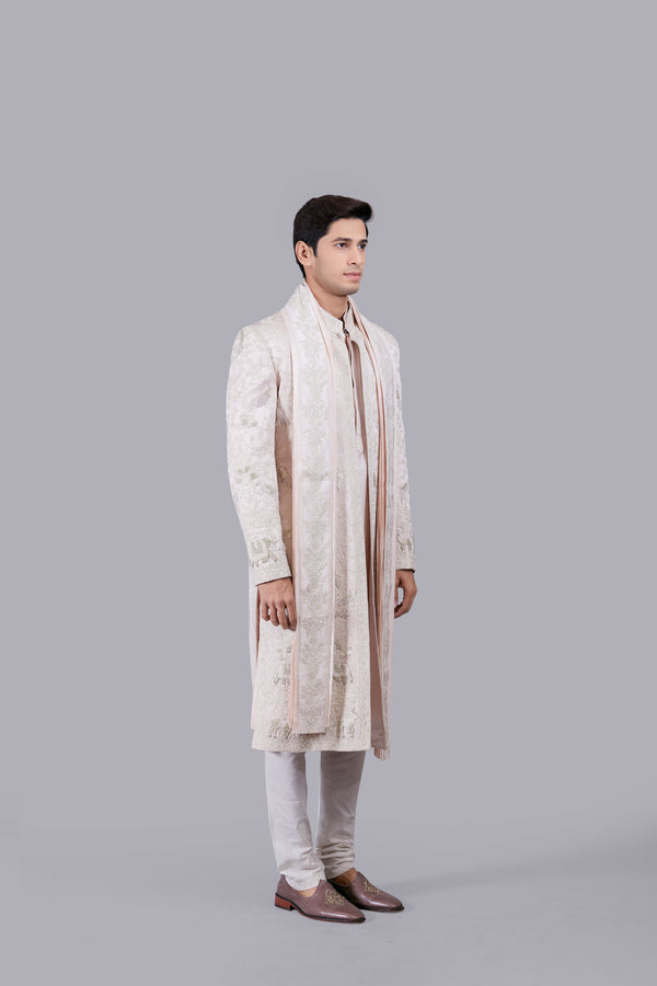 BABY PINK EVERYTHING IN SILK THREAD WORK SHERWANI