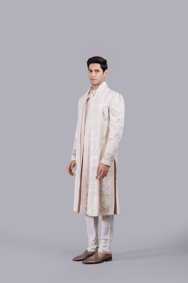 BABY PINK EVERYTHING IN SILK THREAD WORK SHERWANI