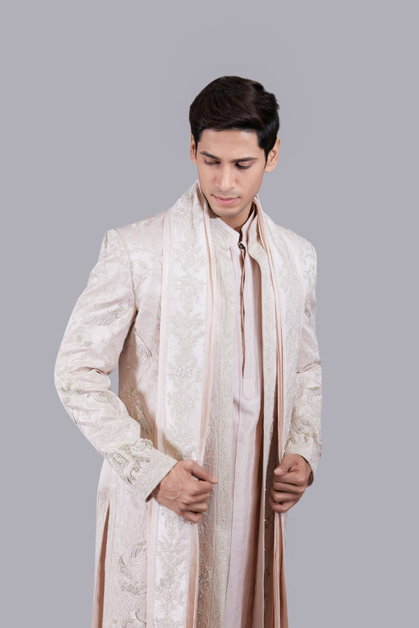 BABY PINK EVERYTHING IN SILK THREAD WORK SHERWANI