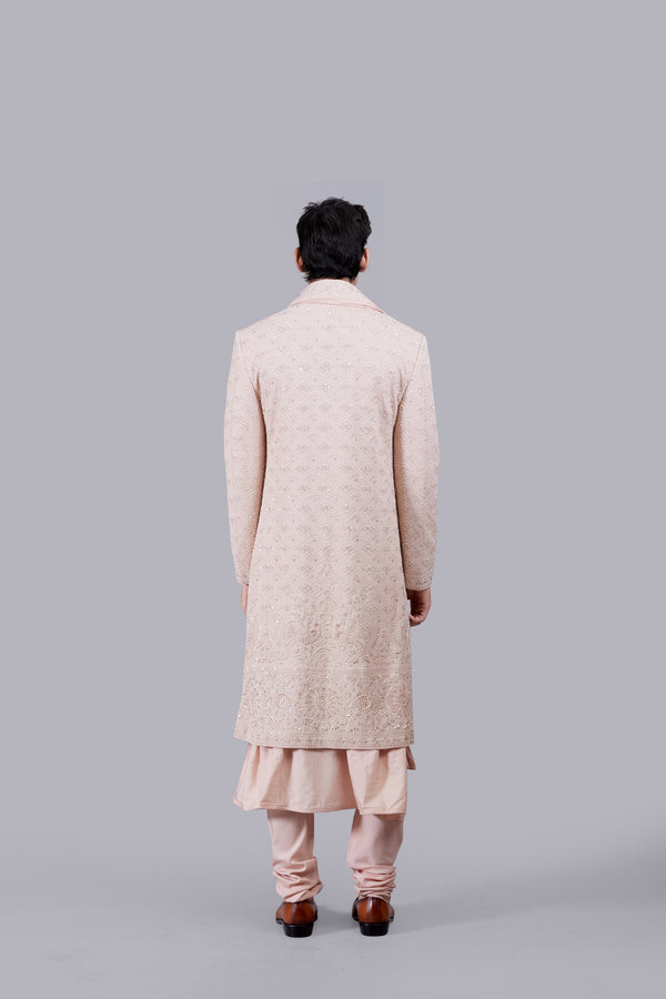 PEACH PURE GEORGETTE THREAD WORK SHERWANI