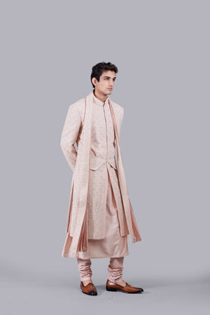 PEACH PURE GEORGETTE THREAD WORK SHERWANI