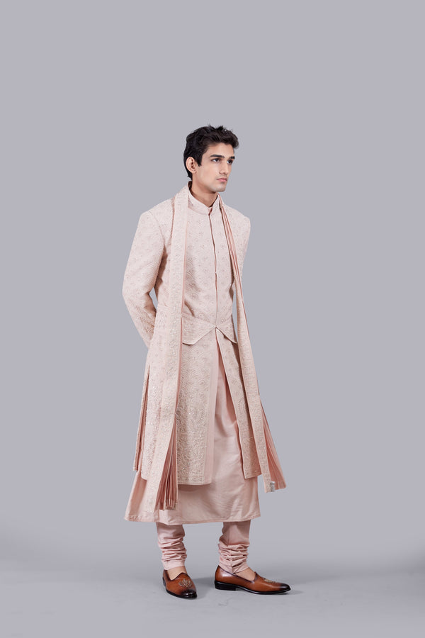 PEACH PURE GEORGETTE THREAD WORK SHERWANI
