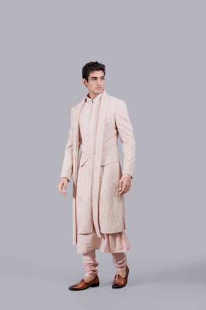 PEACH PURE GEORGETTE THREAD WORK SHERWANI