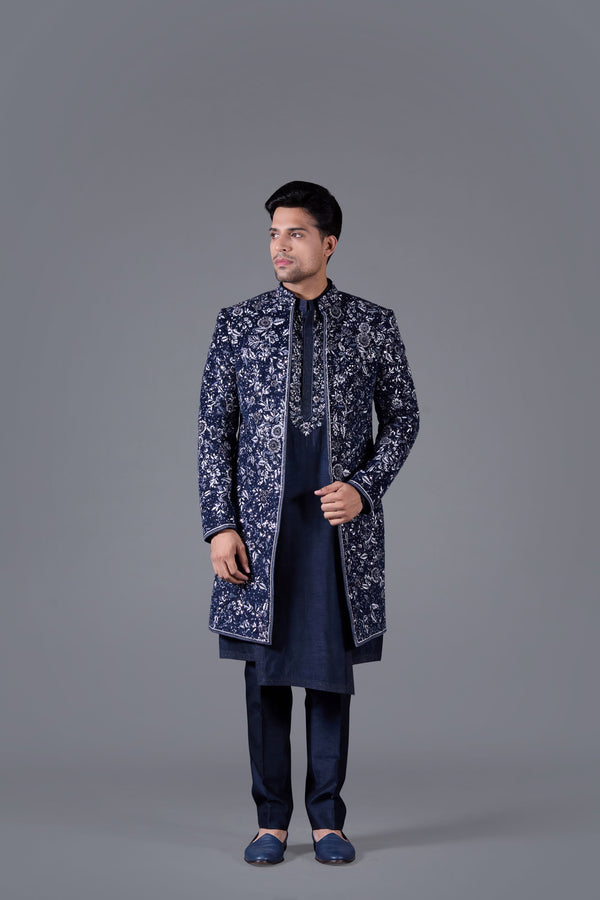 Regal Azure Italian Cotton Velvet Indo-Western