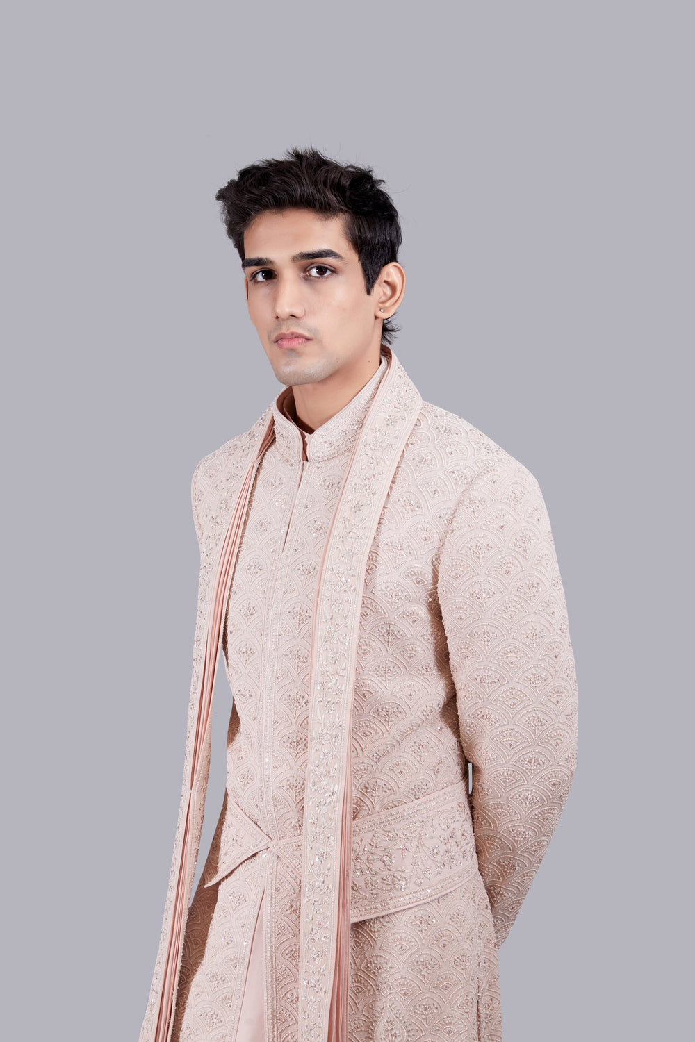 PEACH PURE GEORGETTE THREAD WORK SHERWANI