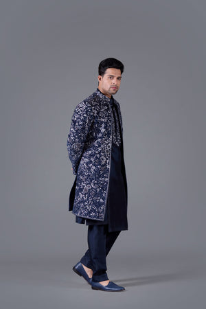 Regal Azure Italian Cotton Velvet Indo-Western