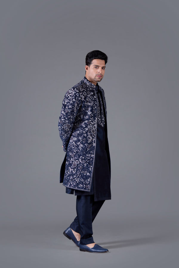 Regal Azure Italian Cotton Velvet Indo-Western