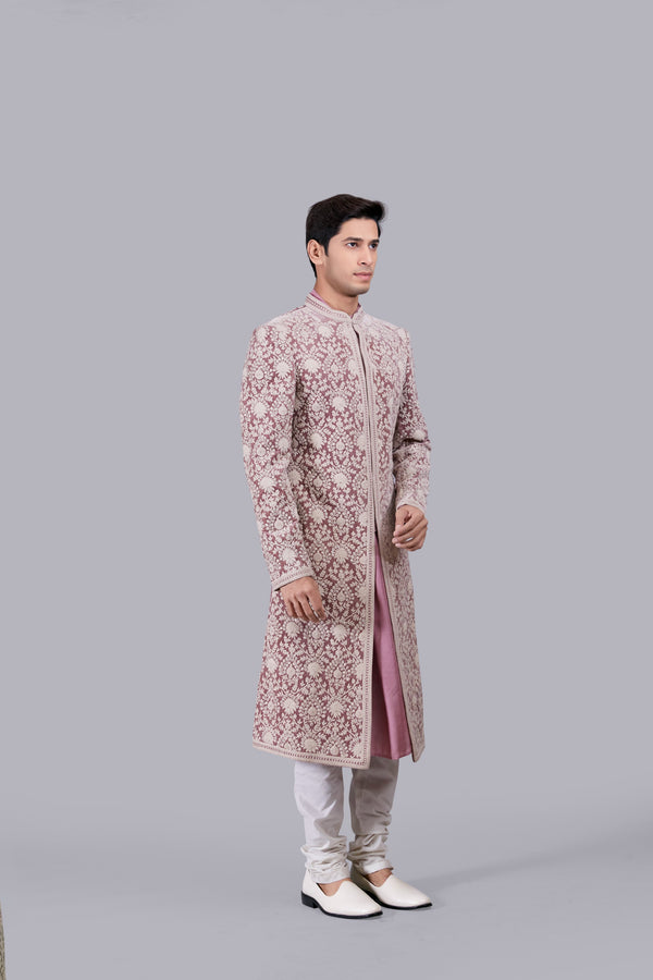 PINK ITALIAN LINEN SILK THREAD WORK SHERWANI