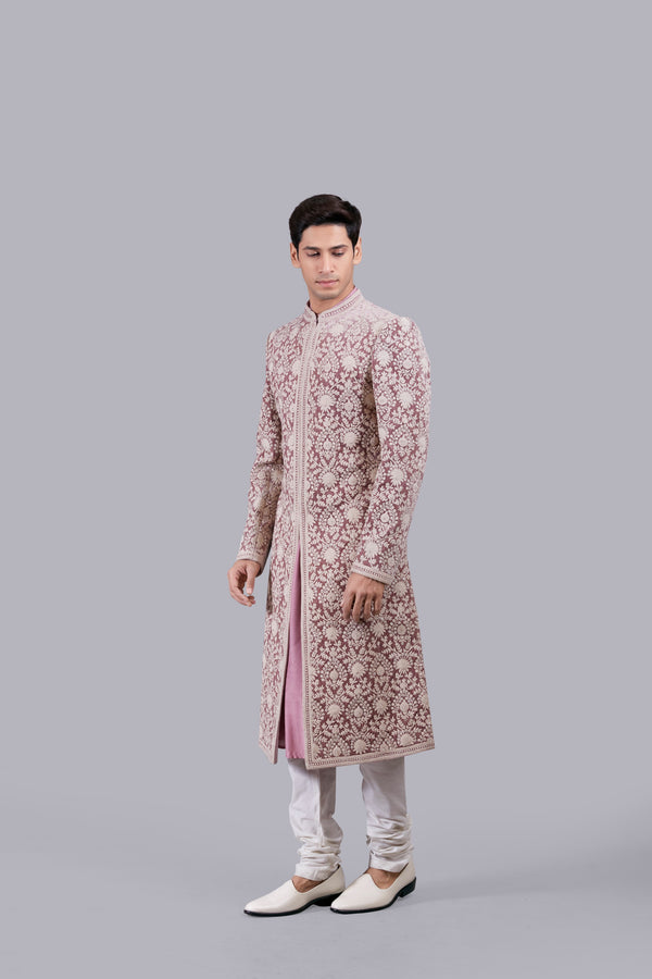 PINK ITALIAN LINEN SILK THREAD WORK SHERWANI