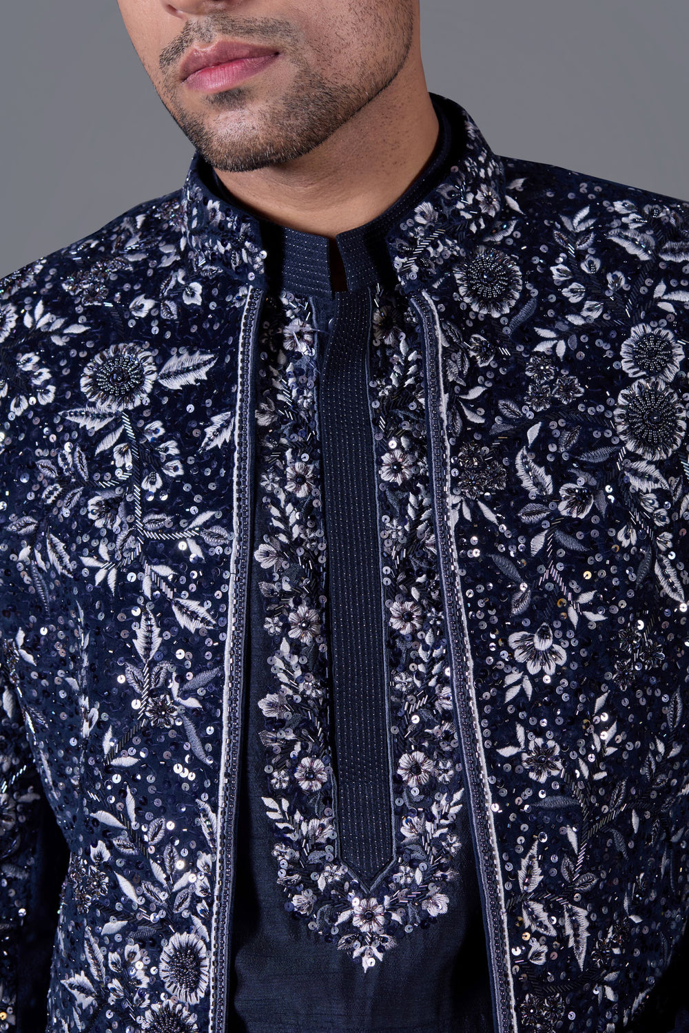 Regal Azure Italian Cotton Velvet Indo-Western