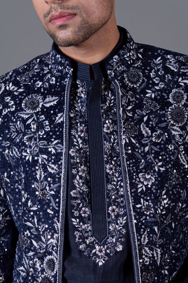Regal Azure Italian Cotton Velvet Indo-Western