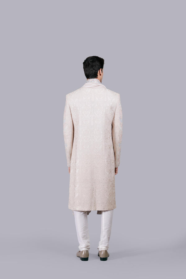BEIGE GEORGETTE -CHANDERI SILK PEARL WORK SHERWANI