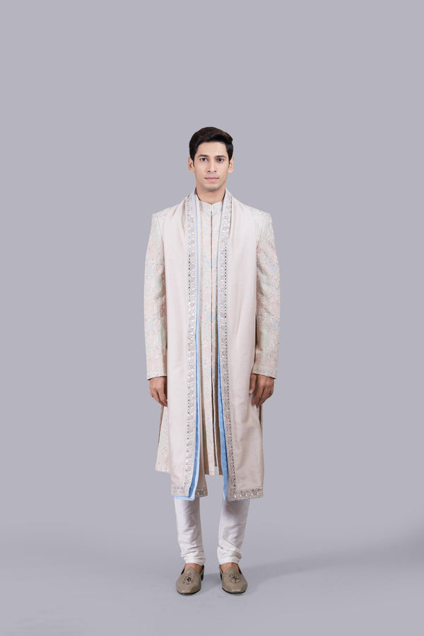 BEIGE GEORGETTE -CHANDERI SILK PEARL WORK SHERWANI
