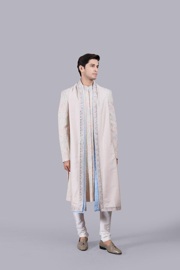 BEIGE GEORGETTE -CHANDERI SILK PEARL WORK SHERWANI