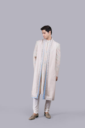 BEIGE GEORGETTE -CHANDERI SILK PEARL WORK SHERWANI