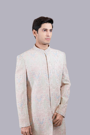 BEIGE GEORGETTE -CHANDERI SILK PEARL WORK SHERWANI