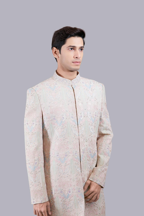 BEIGE GEORGETTE -CHANDERI SILK PEARL WORK SHERWANI